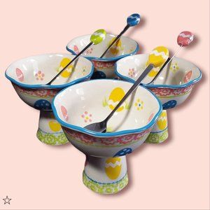 NEW Temptations by Tara Ceramic Easter Footed Dessert Bowls with Spoons Set of 4